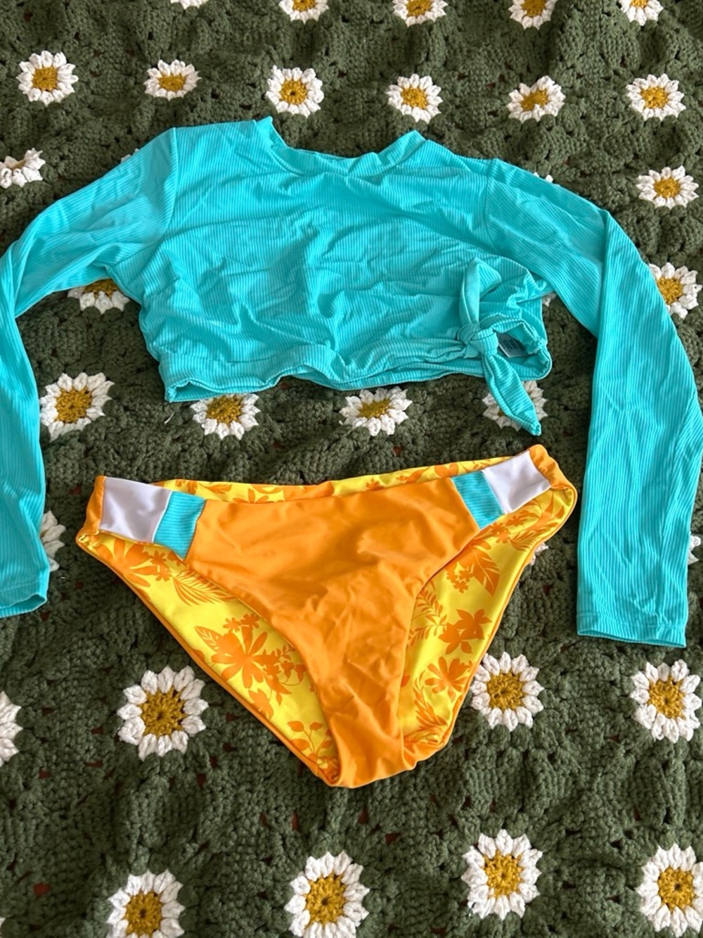 Long-Sleeve Teal Rash Guard & Reversible Yellow Floral Swim Bottom Set
